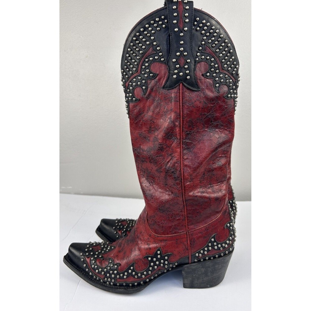 LANE Stephanie  Womens Red and BLack Studded Leather Cowboy Boots Size US 6 RARE